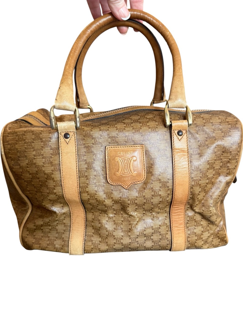 Celine Vintage Tan and Brown Boston Bag or Travel Duffel
